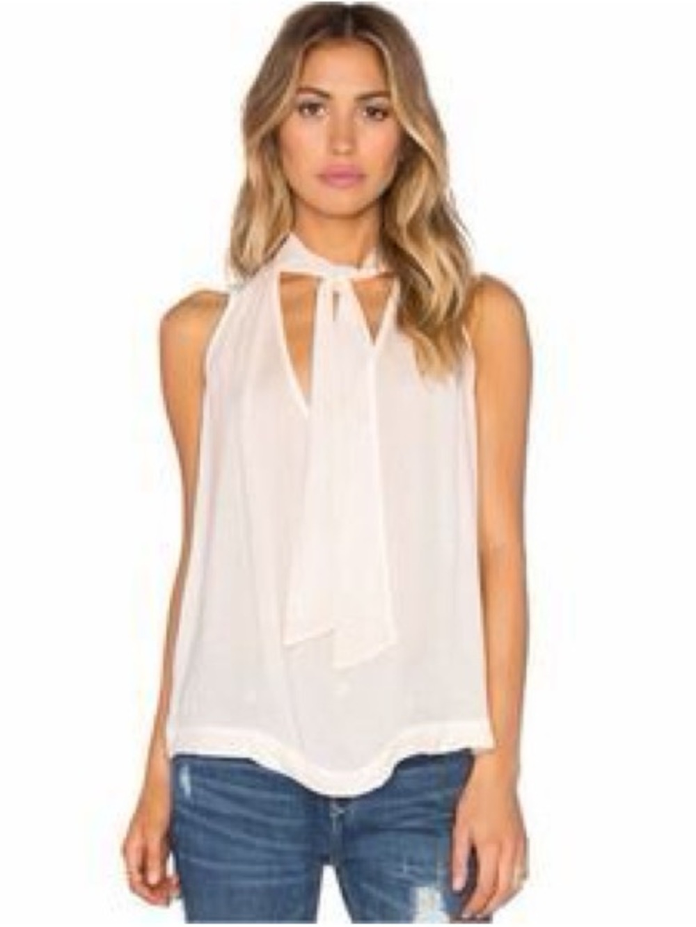 Free People Cream Sheer Tie Neck Blouse XS Boho Flowy Sleeveless Top